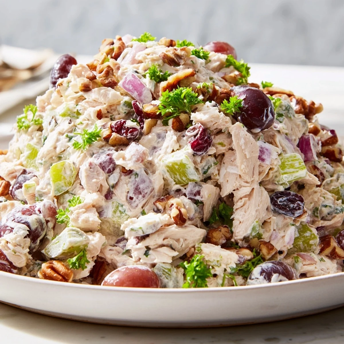 Freshly made Chicken Salad with Pecans and Cranberries in a creamy bowl, garnished with parsley and ready to serve.