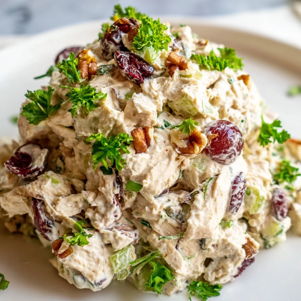 Hearty Chicken Salad with Pecans and Cranberries mixed with celery and red onion, scooped onto crisp butter lettuce cups.