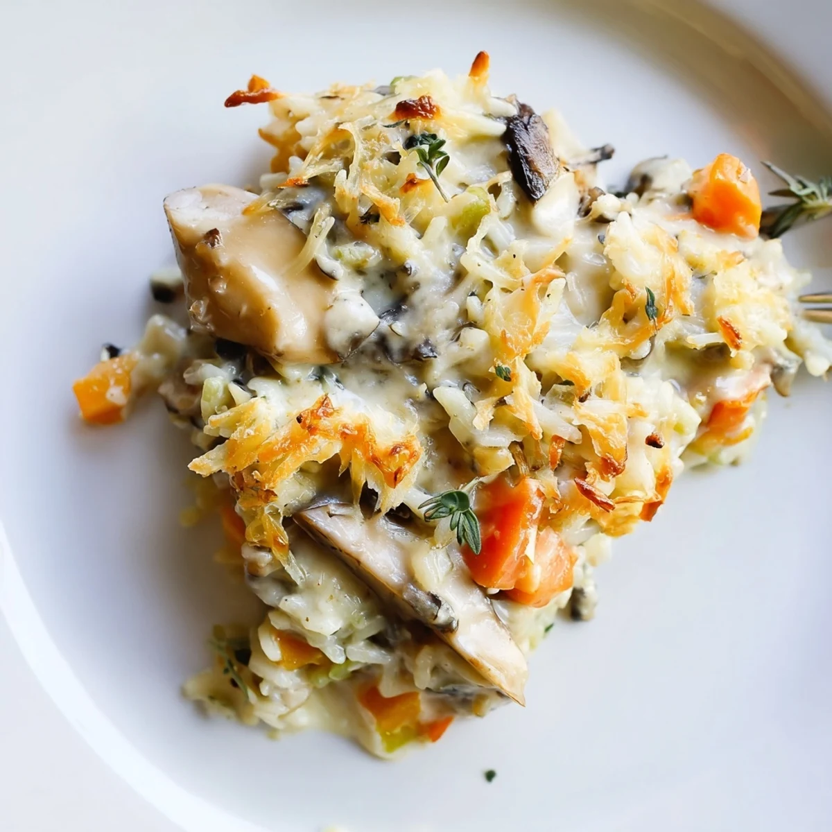 Golden-baked Creamy Mushroom and Wild Rice Casserole in a dish with a crunchy panko and Gruyère topping, served with fresh parsley.