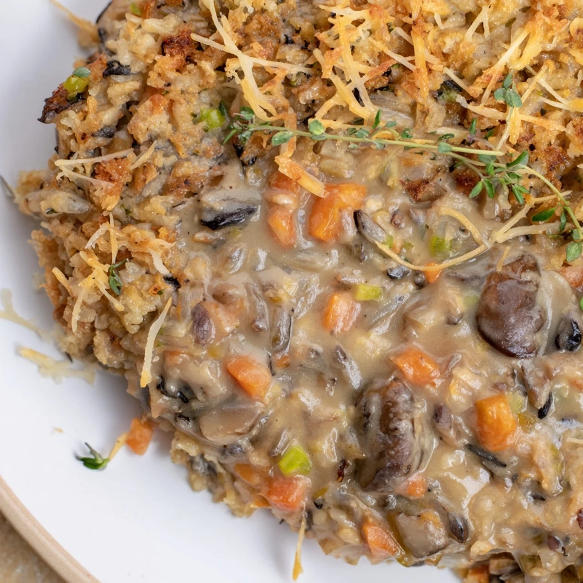 Freshly baked Creamy Mushroom and Wild Rice Casserole featuring a rich, creamy sauce with sautéed mushrooms and carrots in a white ceramic dish.