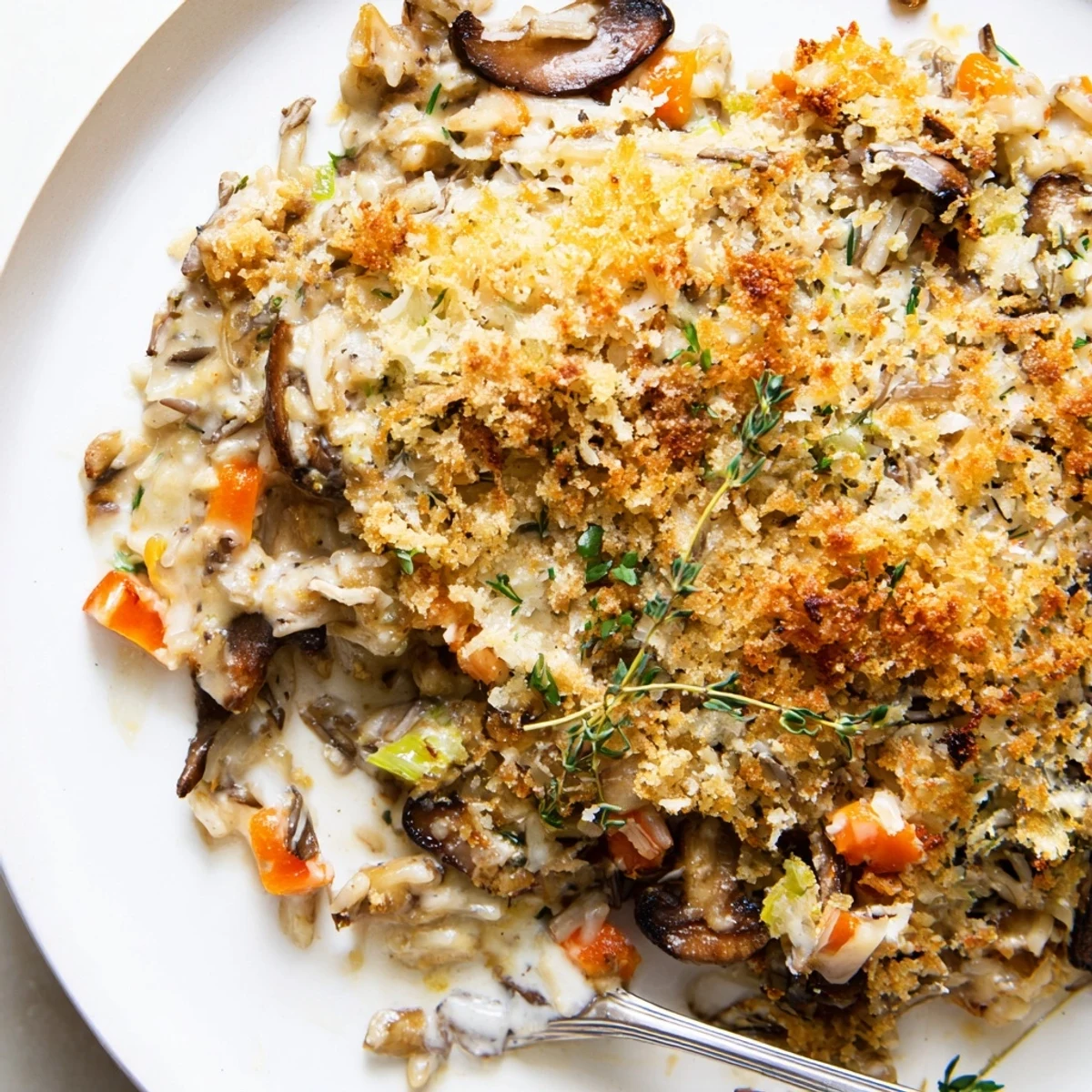 Creamy Mushroom and Wild Rice Casserole topped with melted Gruyère cheese and parsley, ready to be scooped as a vegetarian main dish.