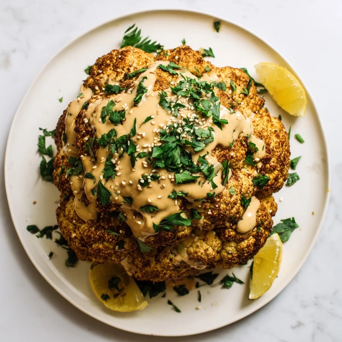 A golden-brown Whole Roasted Cauliflower with Tahini Lemon Drizzle garnished with sesame seeds on a platter.