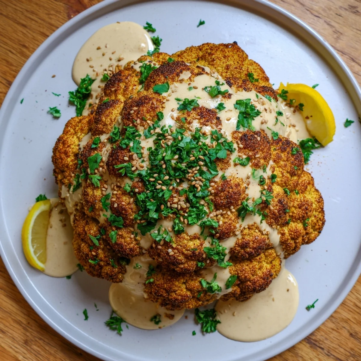 This Whole Roasted Cauliflower with Tahini Lemon Drizzle features tender florets and creamy sauce over sliced wedges.