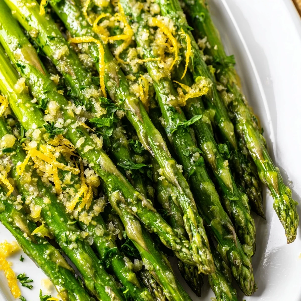 Plated Lemon Garlic Asparagus next to grilled chicken, garnished with Parmesan and parsley for an easy weeknight dinner.  