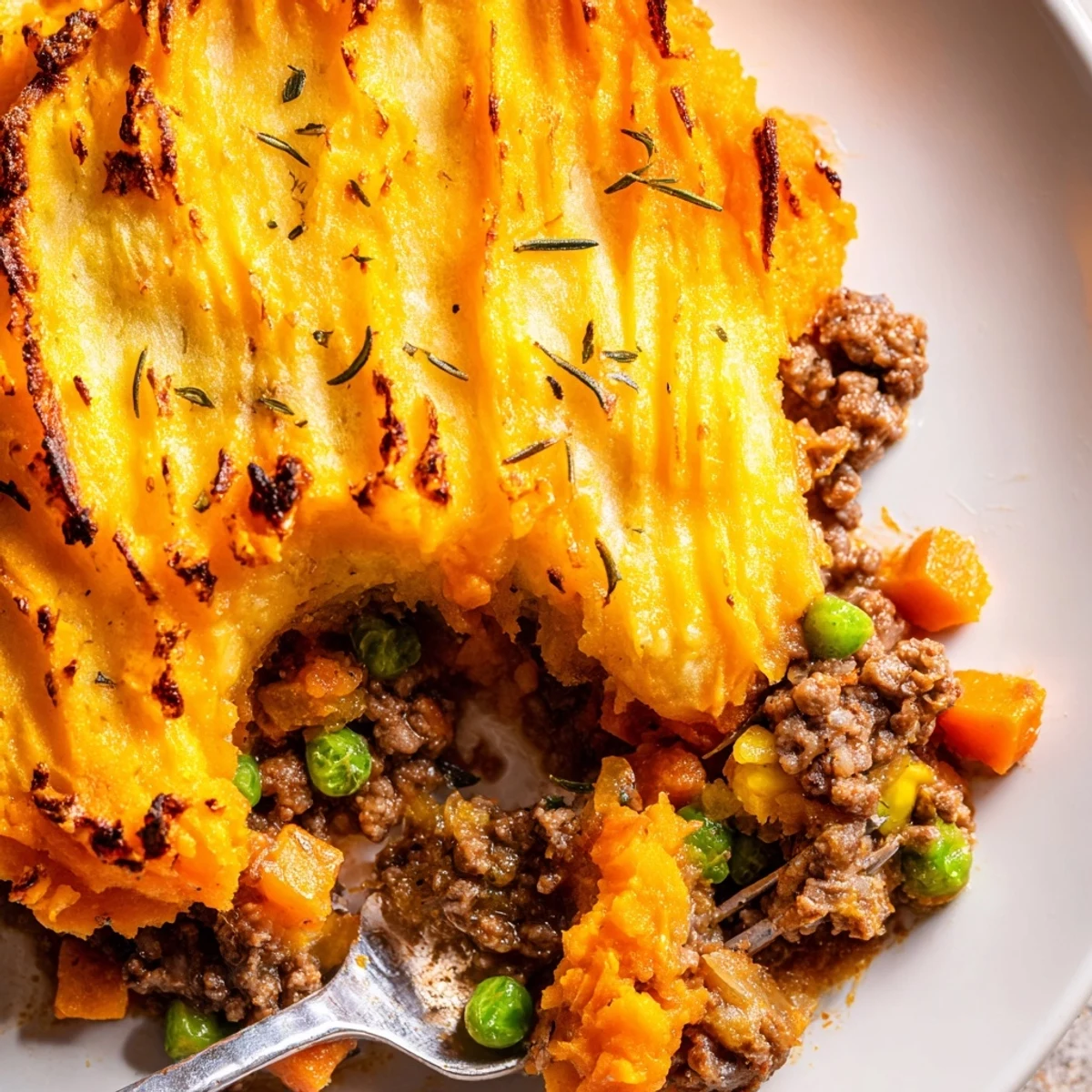 Golden-brown Beef Shepherds Pie with Sweet Potato mash topping, baked to perfection and served warm in a rustic dish.