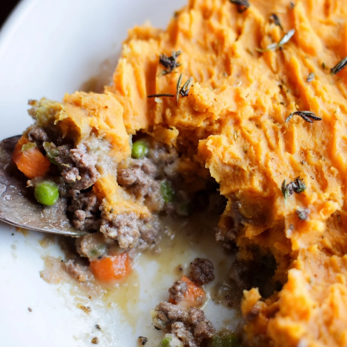 Bubbling Beef Shepherds Pie with Sweet Potato boasts rich aromas and a golden fork-marked crust, ready to serve.