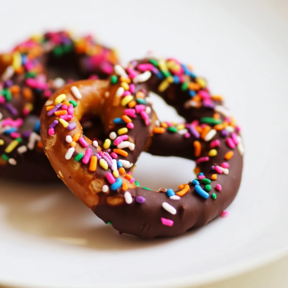 Glossy chocolate-covered pretzels with colorful sprinkles rest on parchment paper for a festive snack.