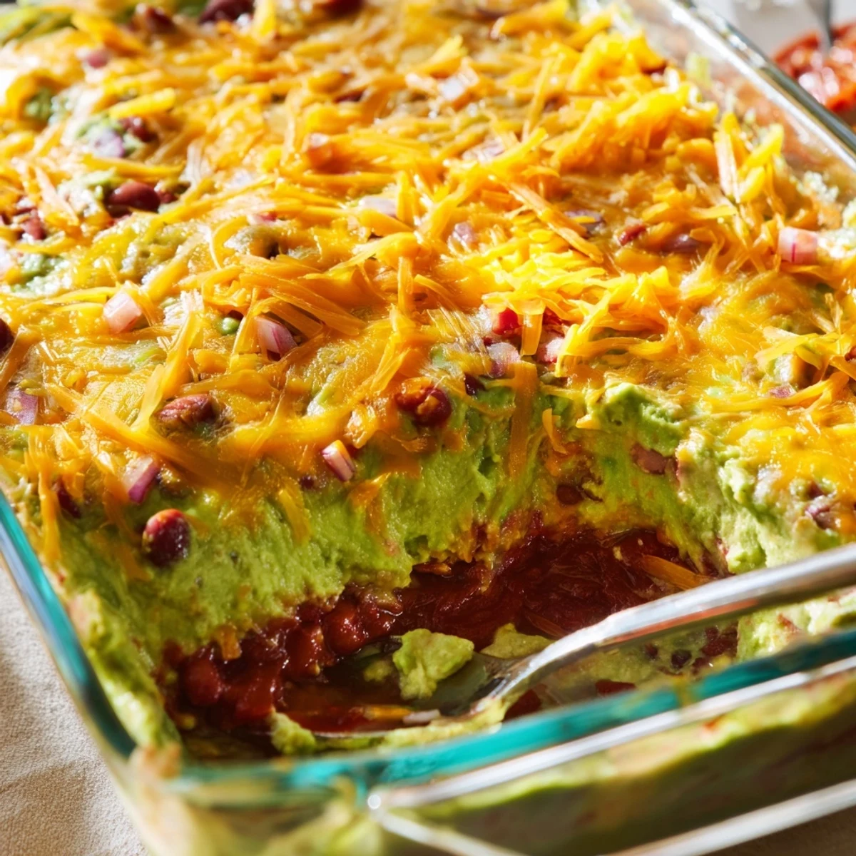 Colorful Touchdown Tex Mex Layer Dip topped with diced tomatoes, black olives, green onions, and shredded cheese, ready for game day snacking.