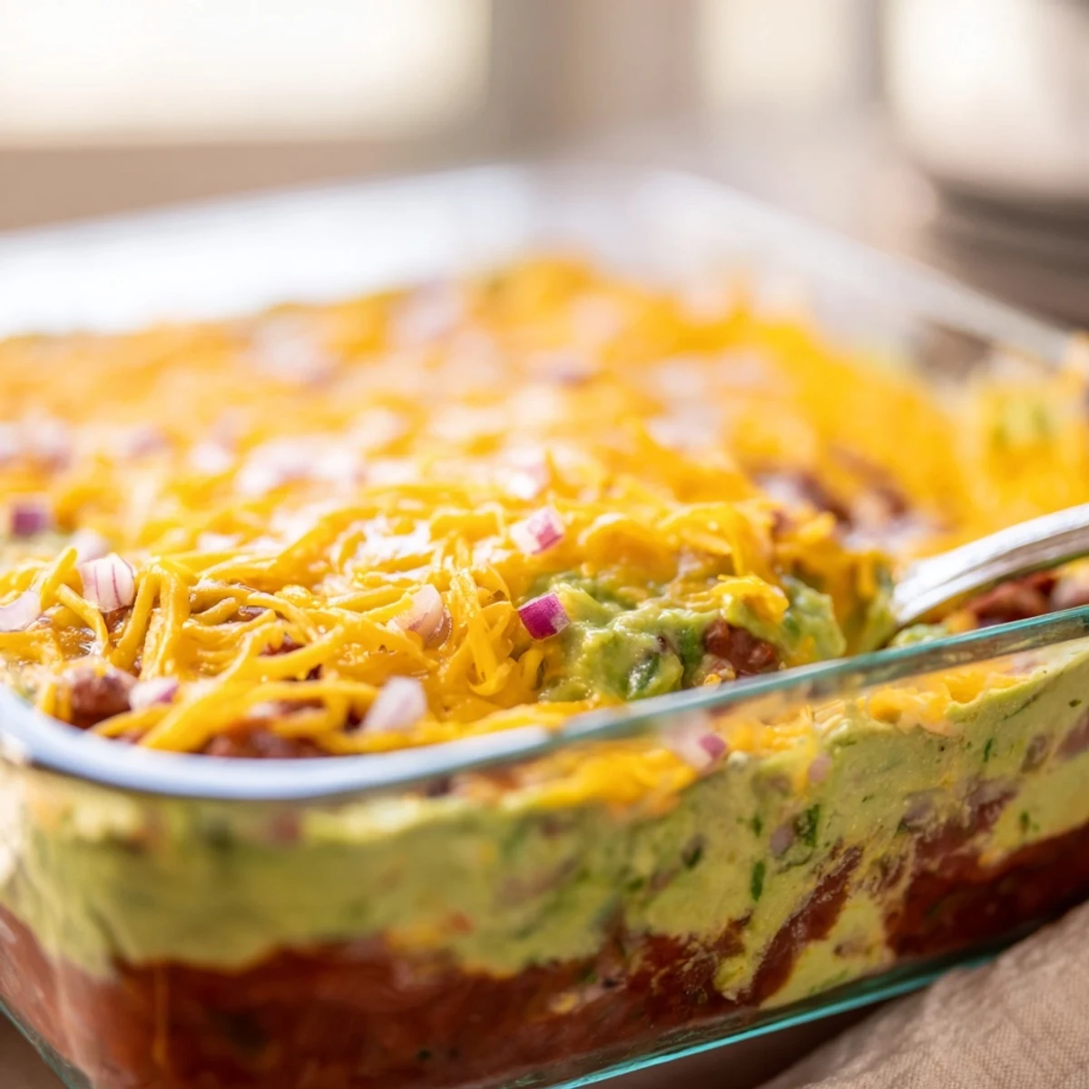 Layered Tex-Mex party dip with refried beans, creamy sour cream mixture, and fresh guacamole, served with crispy tortilla chips for dipping.
