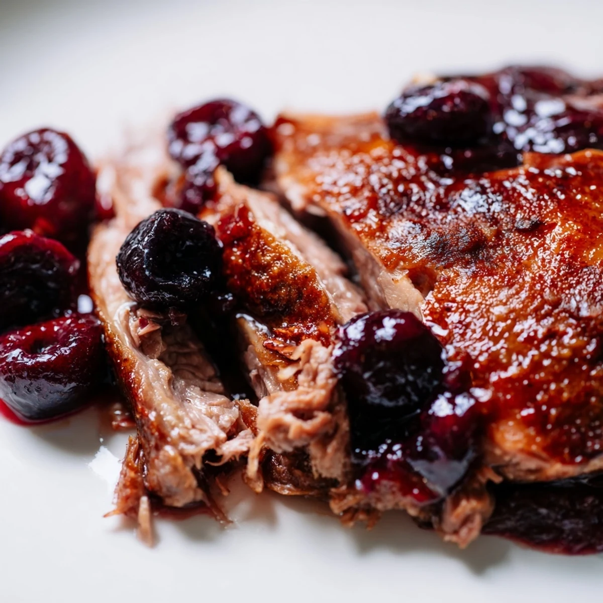 A close-up of golden, crispy-skinned Romantic Roasted Duck with Cherry Sauce, garnished with fresh thyme sprigs and glistening cherry glaze.