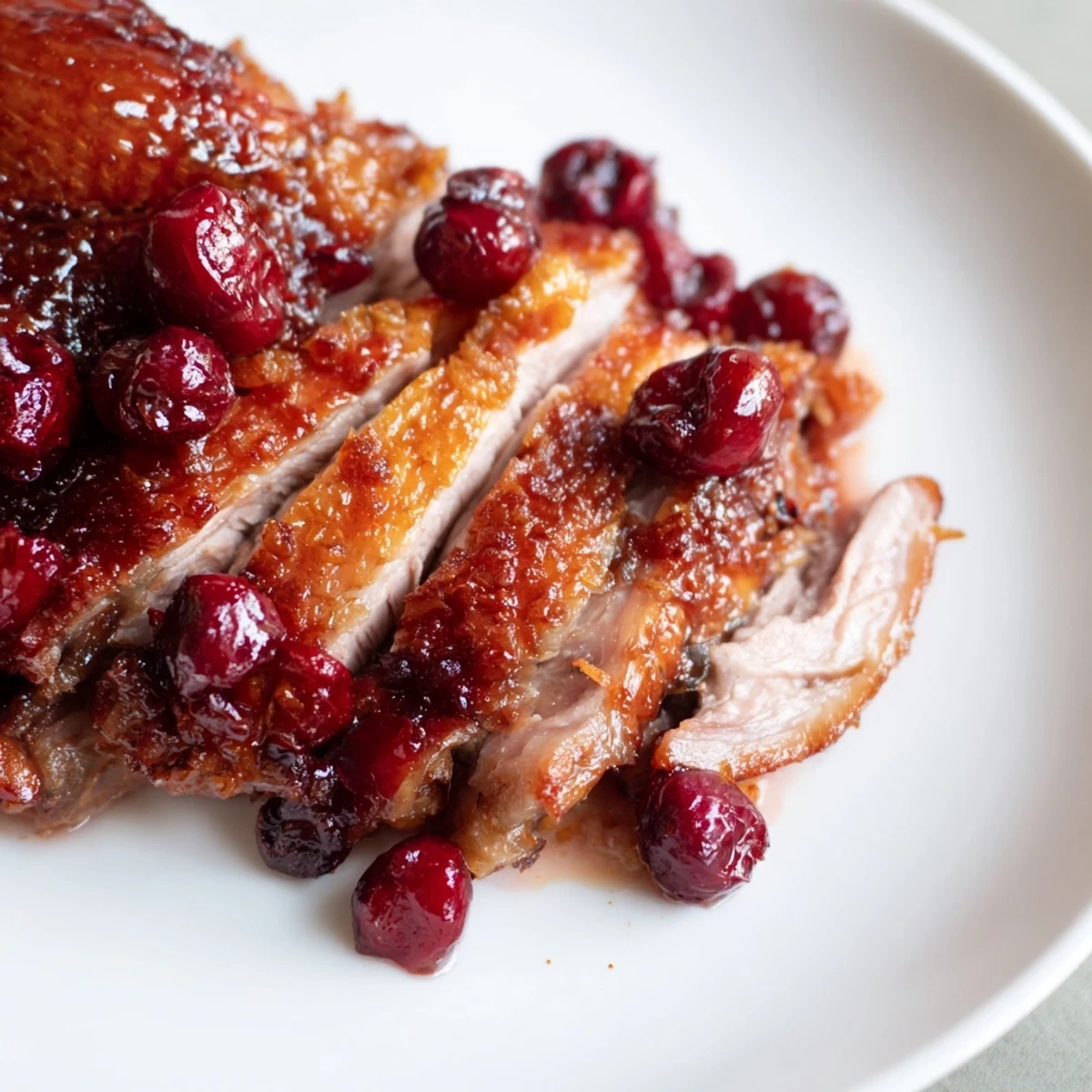 Sliced tender Romantic Roasted Duck served on a white plate, drizzled with rich red cherry sauce for a romantic, elegant dinner.