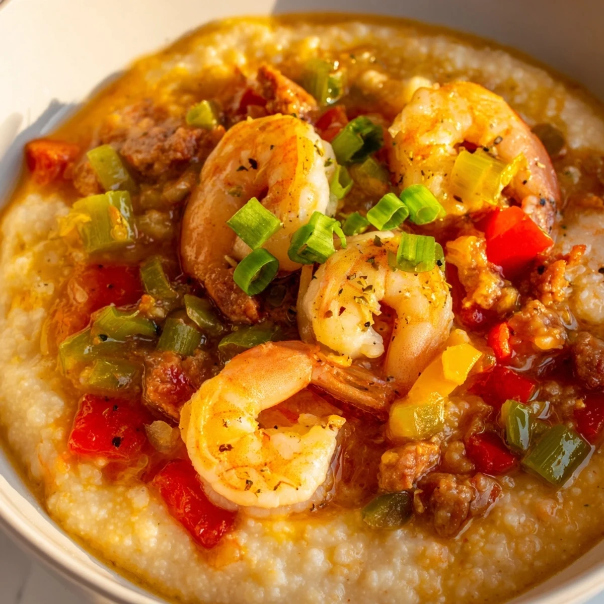 Steaming Creole shrimp and grits served in a rustic bowl with garnish.