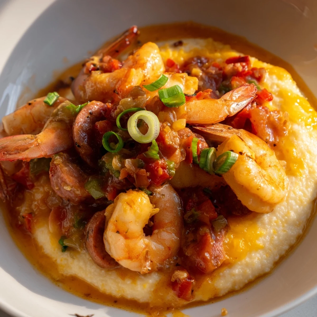 Southern Creole shrimp and grits recipe close-up with vibrant bell peppers.