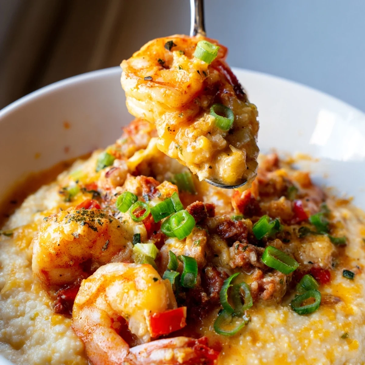 Spoon lifting creamy cheddar grits topped with spicy shrimp andouille sauce.