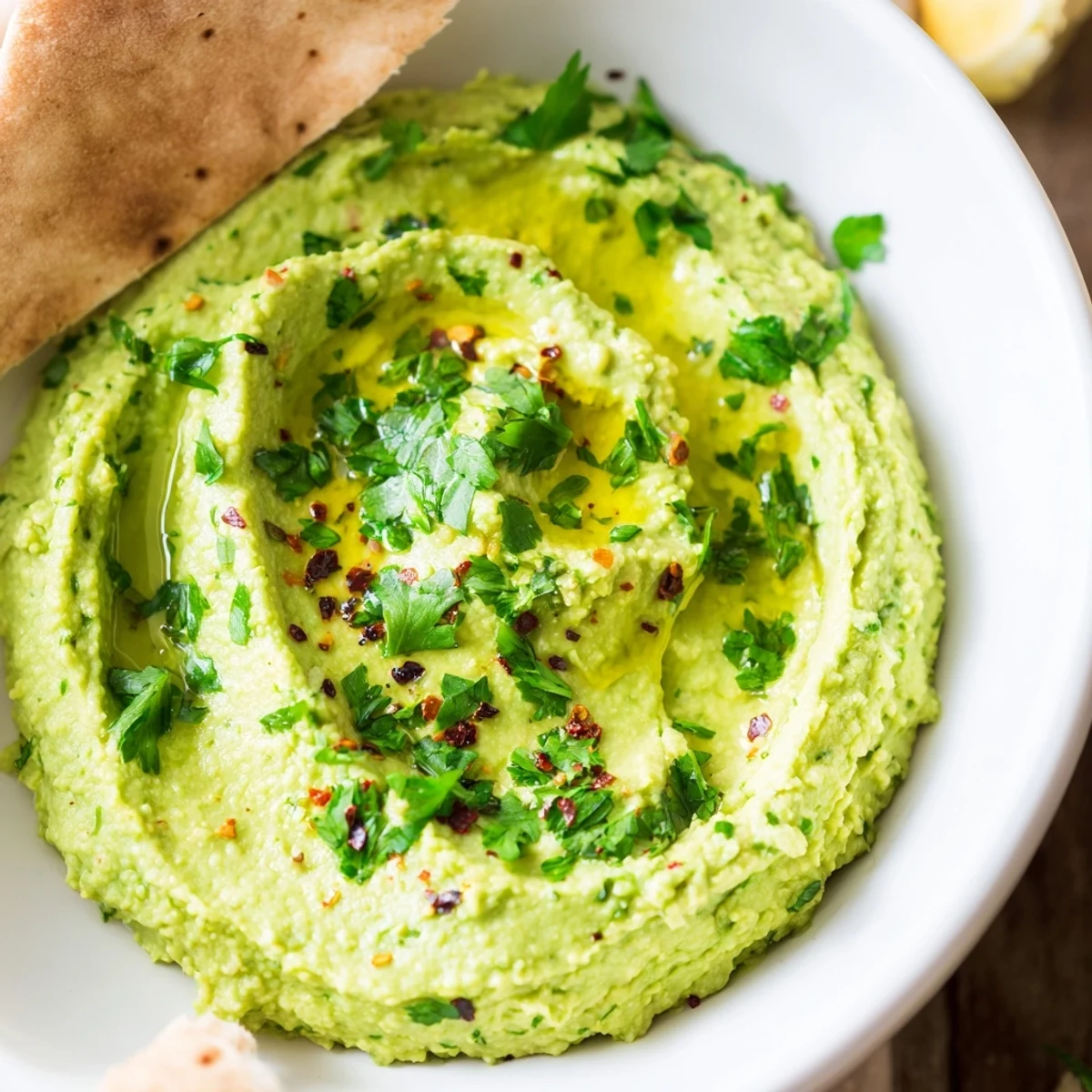 Close-up of vibrant green avocado hummus drizzled with olive oil, served alongside warm pita bread and crisp carrot and cucumber slices.