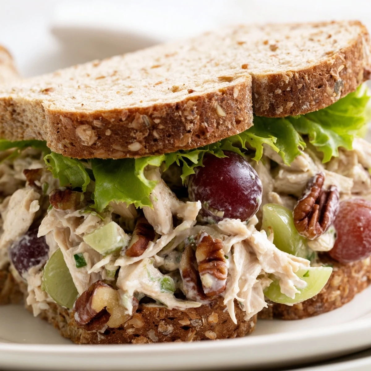 Serving suggestion: grilled chicken salad sandwich stuffed with grapes, celery, and walnuts on whole-grain bread.