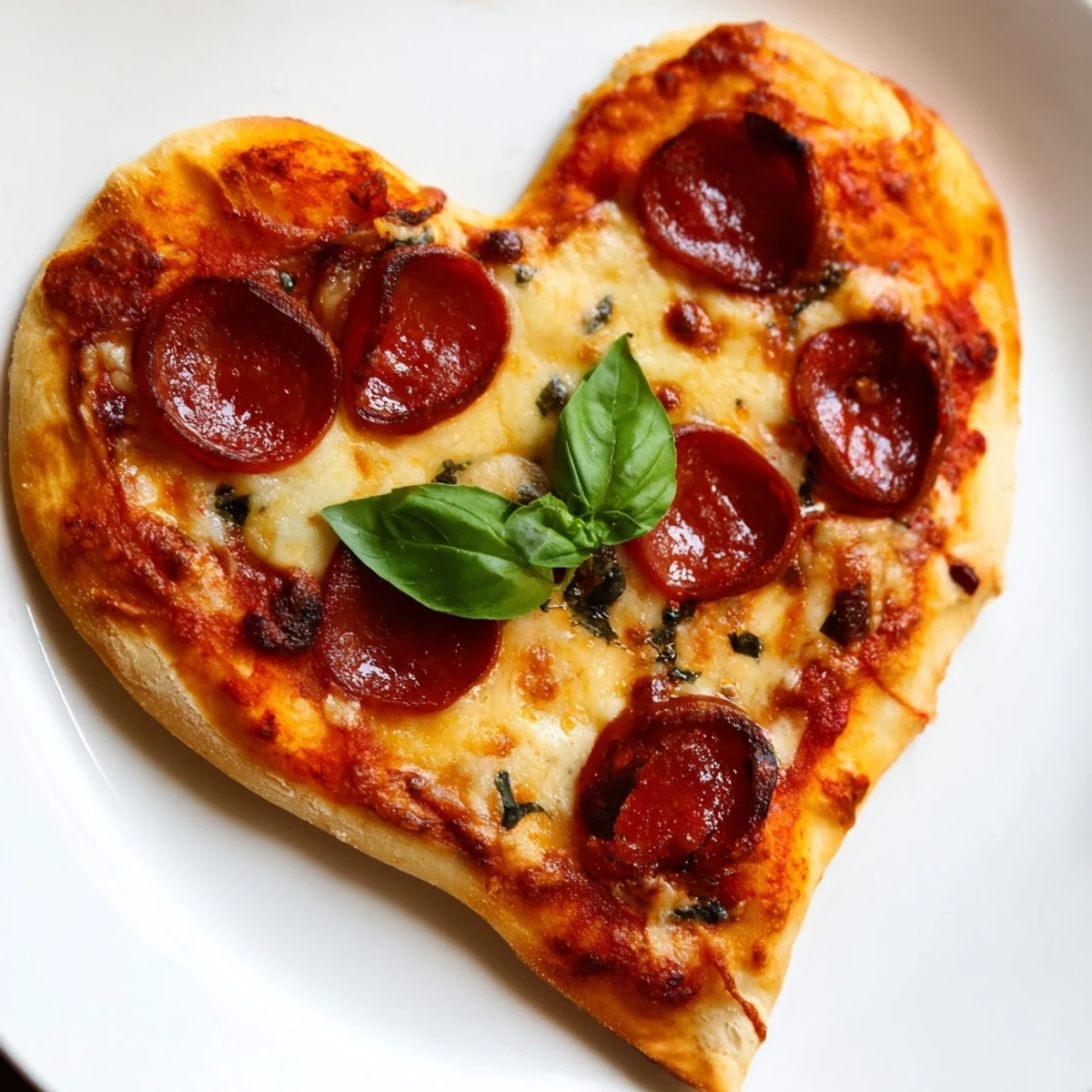 A close-up view of a freshly baked Heart Shaped Pepperoni Pizza, showcasing a golden, crisp crust edged with melted, bubbly mozzarella and savory halal pepperoni.