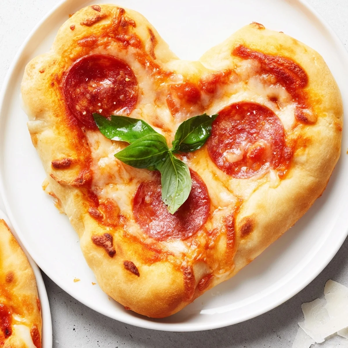 Perfect for a romantic dinner, this Heart Shaped Pepperoni Pizza rests on a rustic wooden table, garnished with fresh basil leaves for a pop of color.