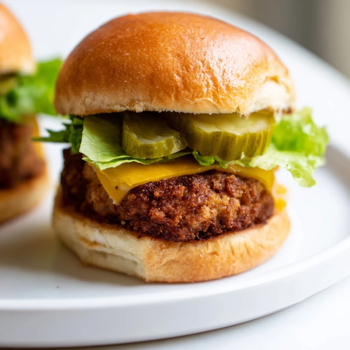 Close-up of juicy turkey patties with melted cheddar and pickle slices on toasted slider buns for a party platter.