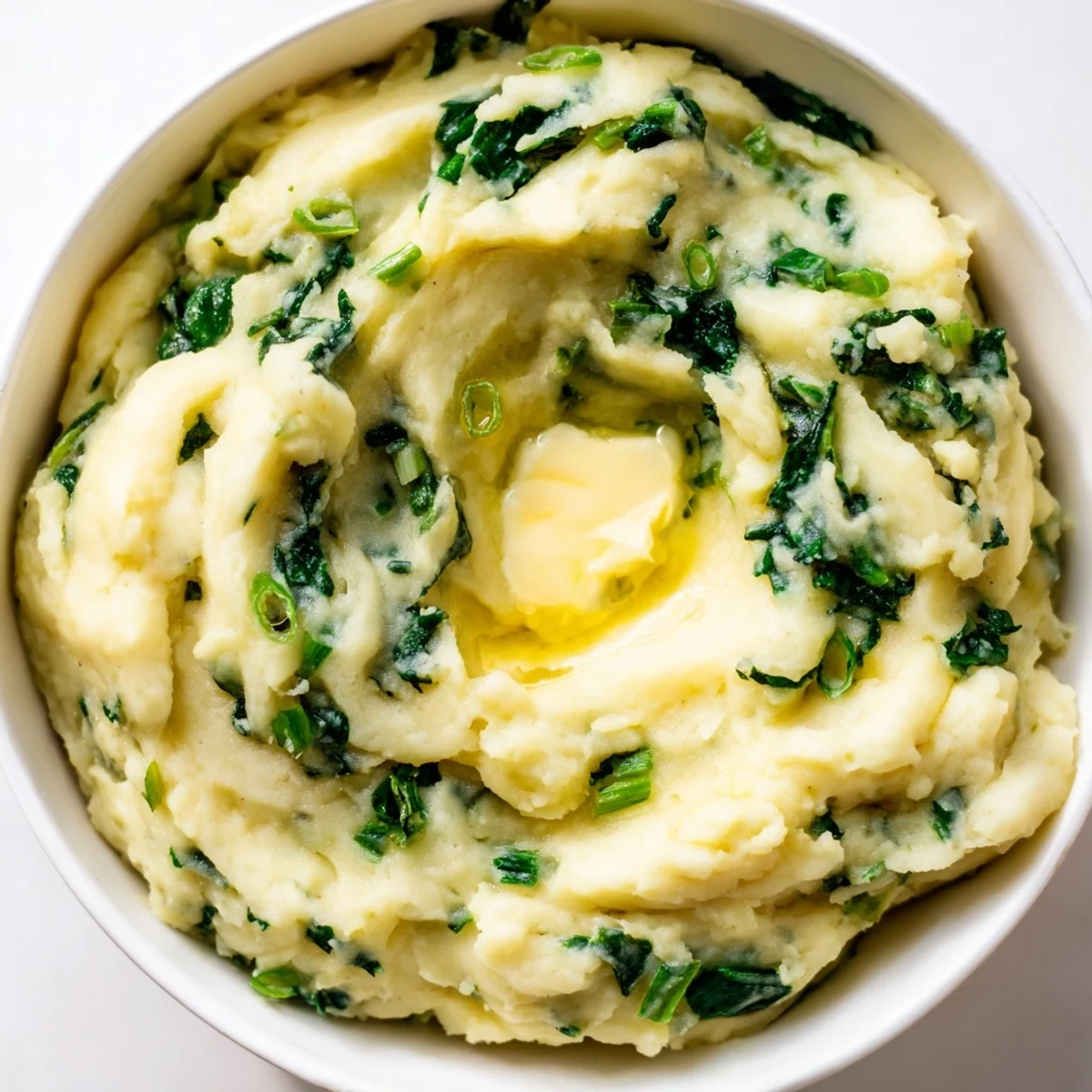 Creamy Irish Colcannon mashed potatoes with sautéed kale and scallions, topped with melting butter.  