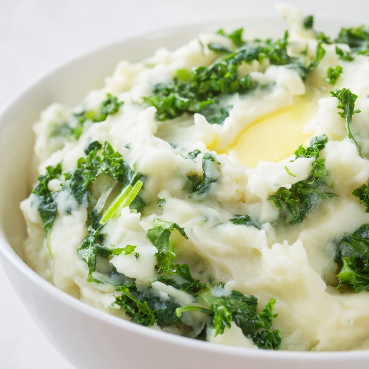 Hearty Irish Colcannon mashed potatoes with tender kale and scallions, served warm as a comforting side.  