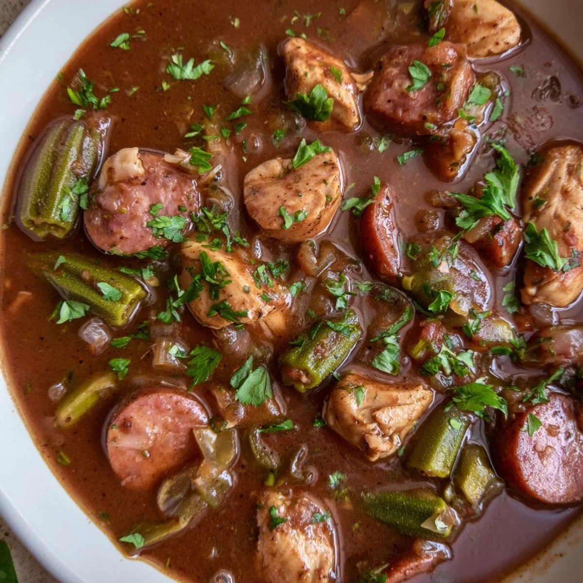 A steaming bowl of Mardi Gras Chicken Gumbo with Okra, served over fluffy white rice and garnished with fresh parsley.