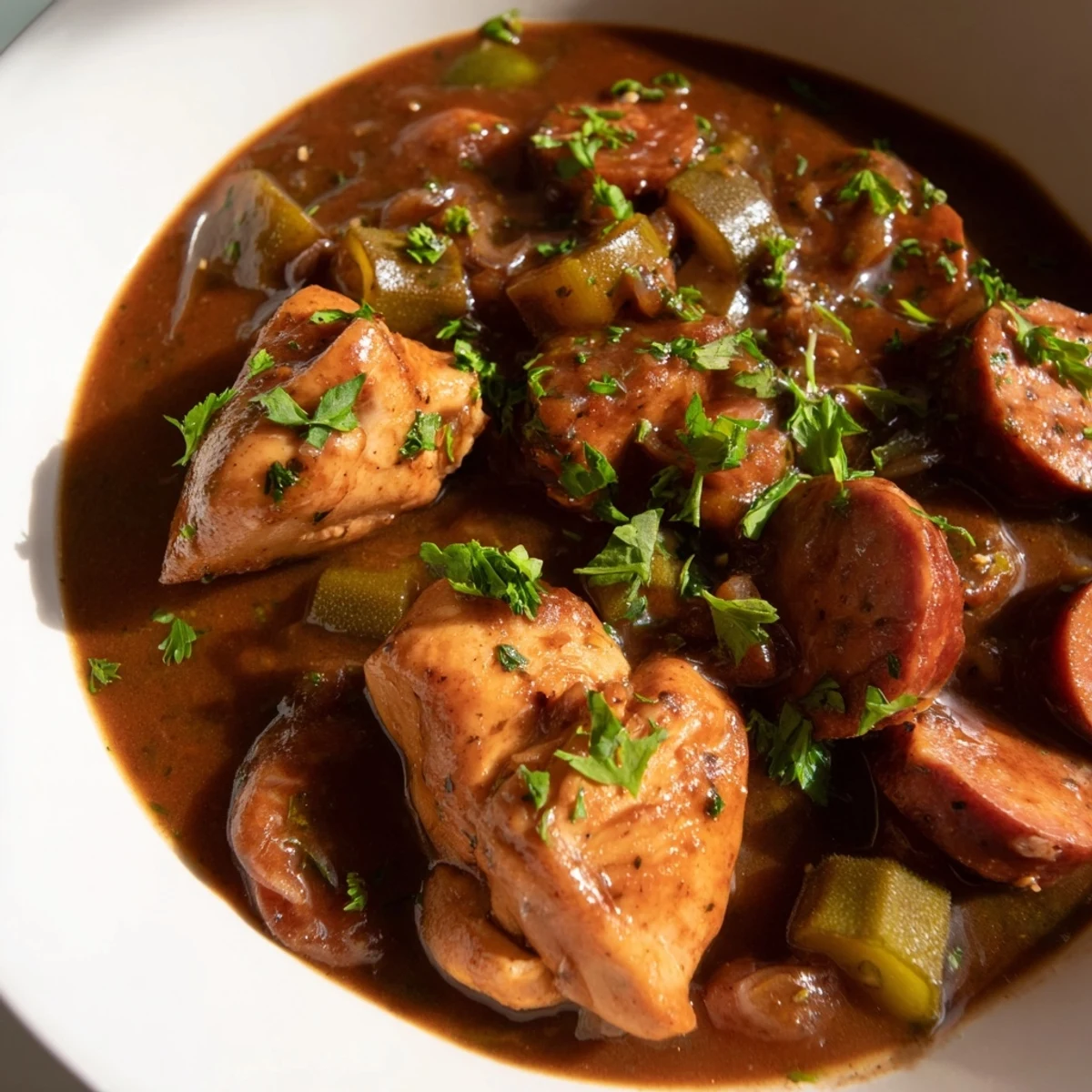 Close-up of Mardi Gras Chicken Gumbo with Okra in a rustic bowl, showcasing rich broth, tender chicken, and vibrant green okra.