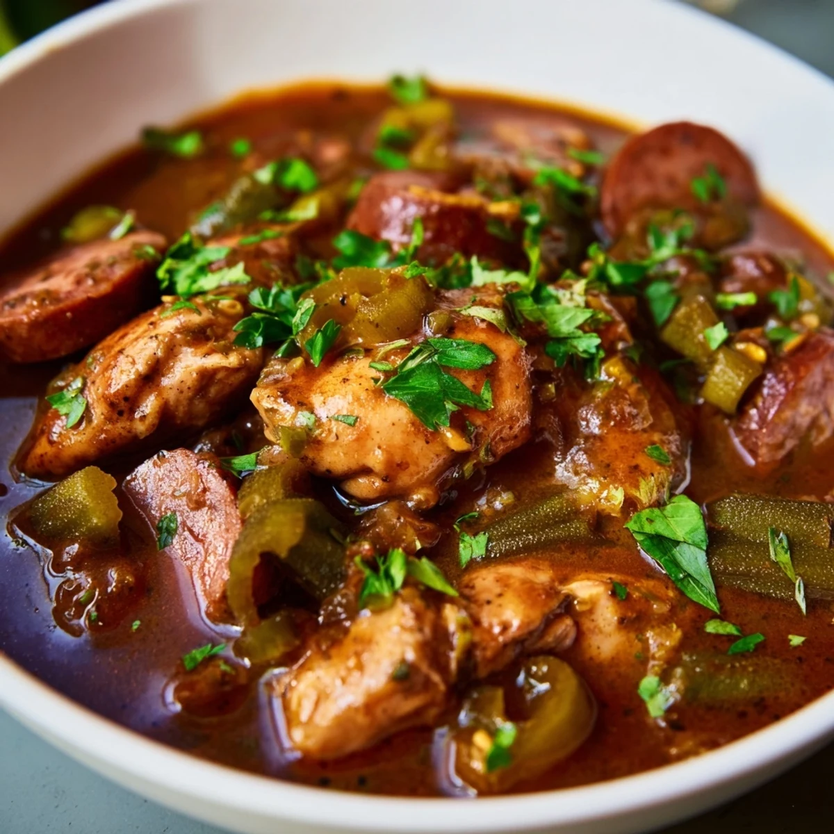Mardi Gras Chicken Gumbo with Okra simmering in a pot, featuring tender chicken pieces, smoky sausage, and fresh okra slices.