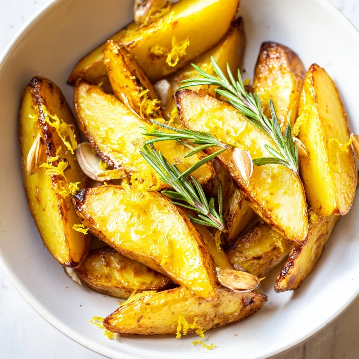 Crispy golden Lemon Potatoes with Fresh Rosemary roasted to perfection on a rustic serving platter.  