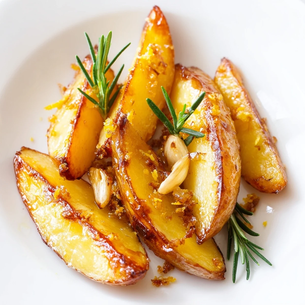 Vibrant lemon wedges and herbs accompany these golden roasted Lemon Potatoes with Fresh Rosemary.