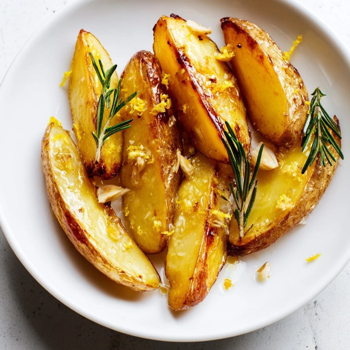 Fresh rosemary sprigs garnish these zesty lemon potatoes, served hot alongside a main dish.  