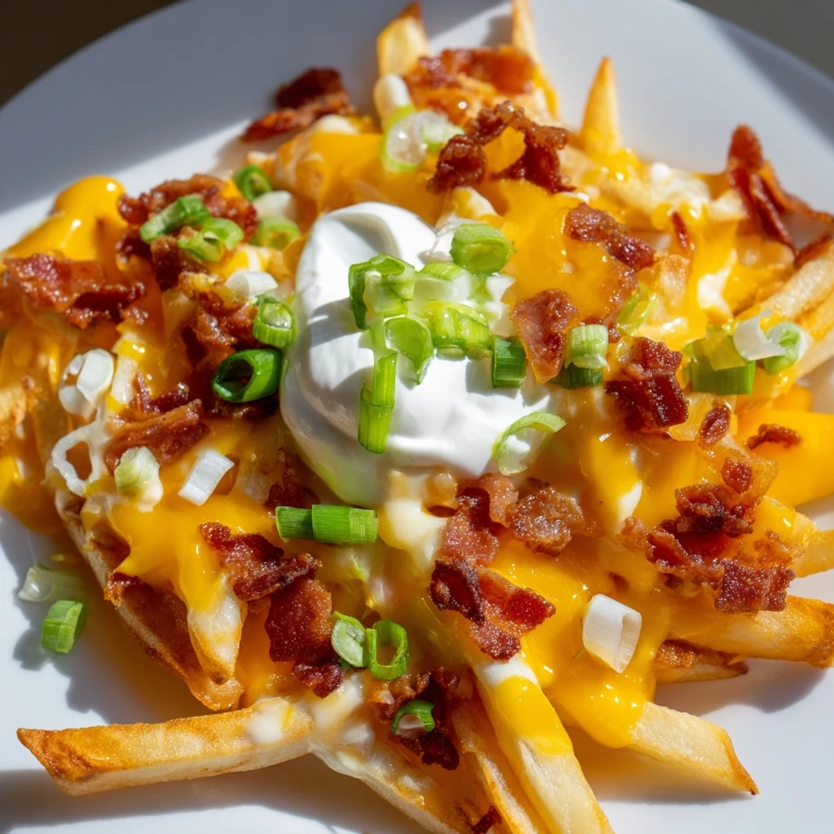 Golden, crispy Game Day Loaded Fries with cheese, bacon, sour cream, and fresh green onions served hot.