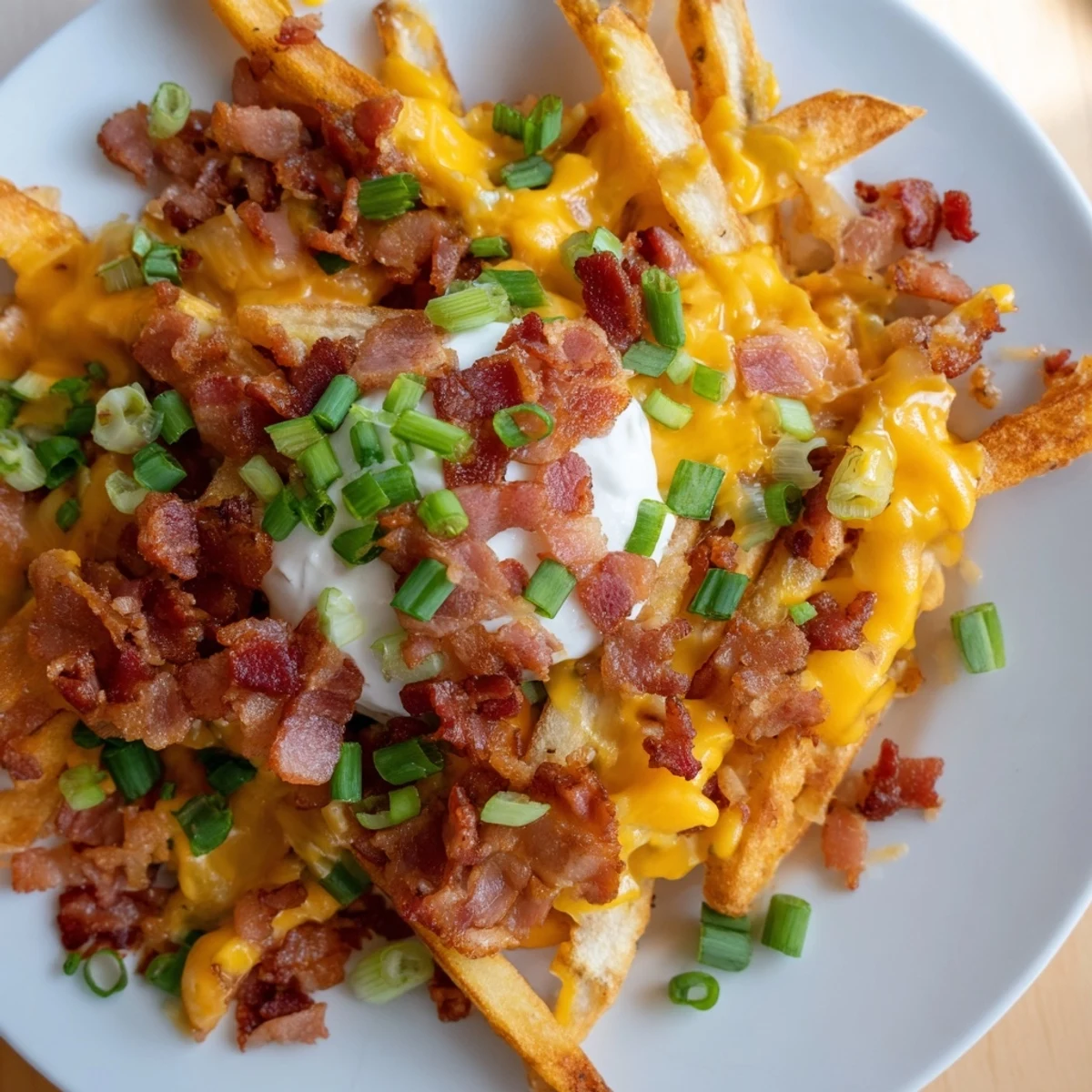Golden Game Day Loaded Fries topped with melted cheddar, crumbled bacon, sour cream, and scallions.
