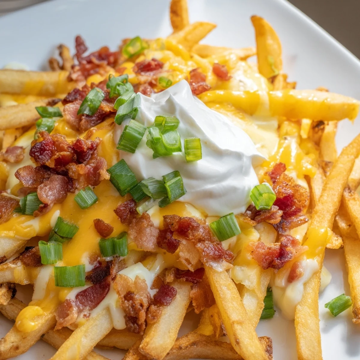 Crispy Game Day Loaded Fries with cheese, bacon, sour cream, and jalapeños on a platter.