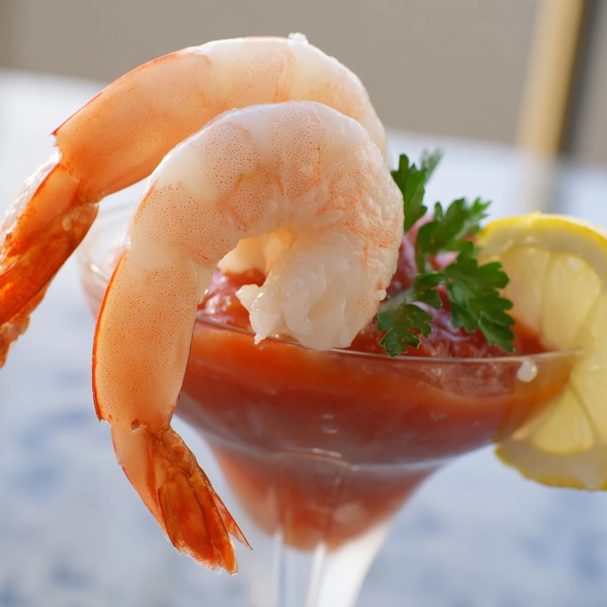Garnished with fresh parsley and lemon wedges, this Romantic Shrimp Cocktail features plump pink shrimp chilling on ice next to a tangy red sauce.