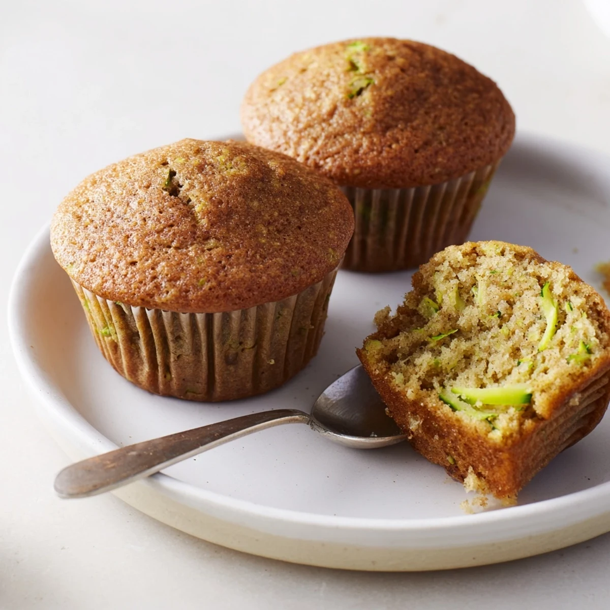 Freshly baked Green Zucchini Muffins with golden tops and moist crumb, served warm on a cooling rack.  