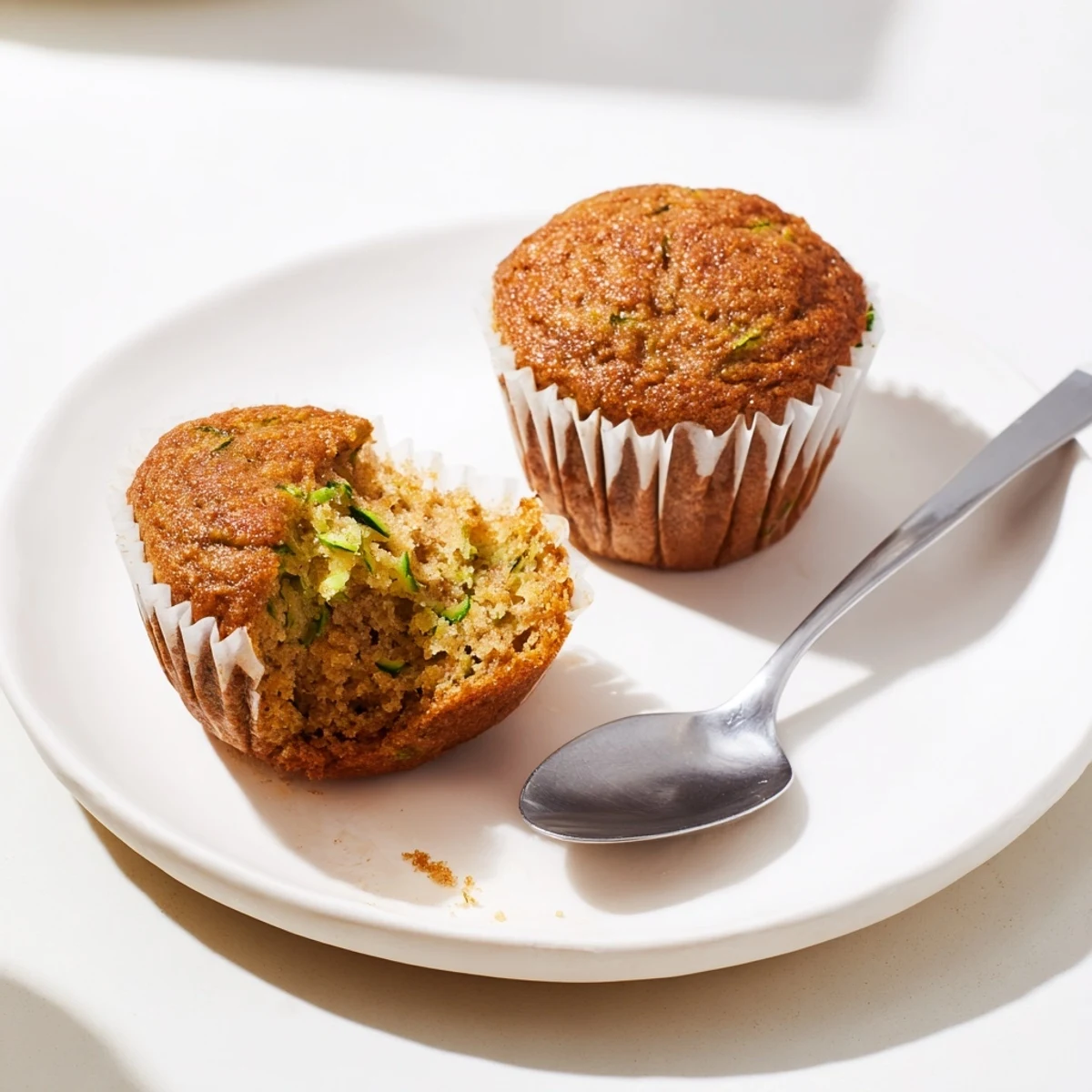Golden-brown Green Zucchini Muffins with visible zucchini shreds and nuts, ready to enjoy with coffee.