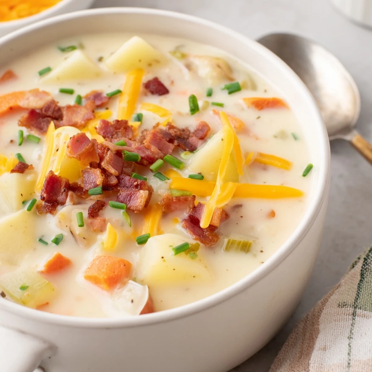 Golden, creamy potato soup with cheese and halal turkey bacon garnished with fresh chives.