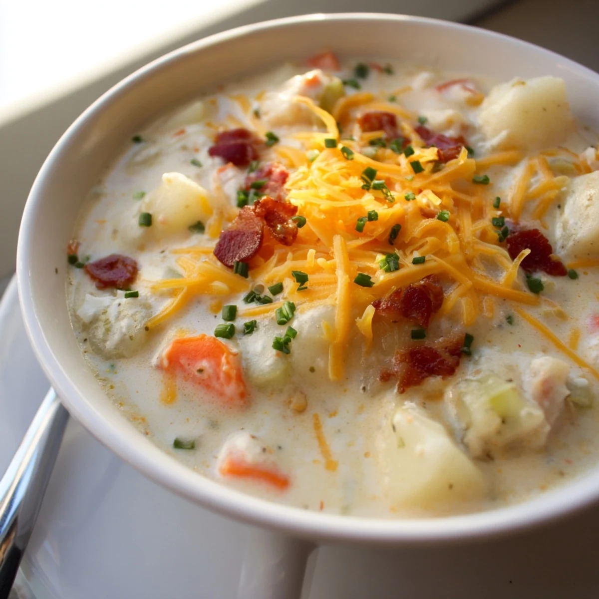 Steamy creamy potato soup with cheese and halal turkey bacon served in a rustic bowl with crusty bread.