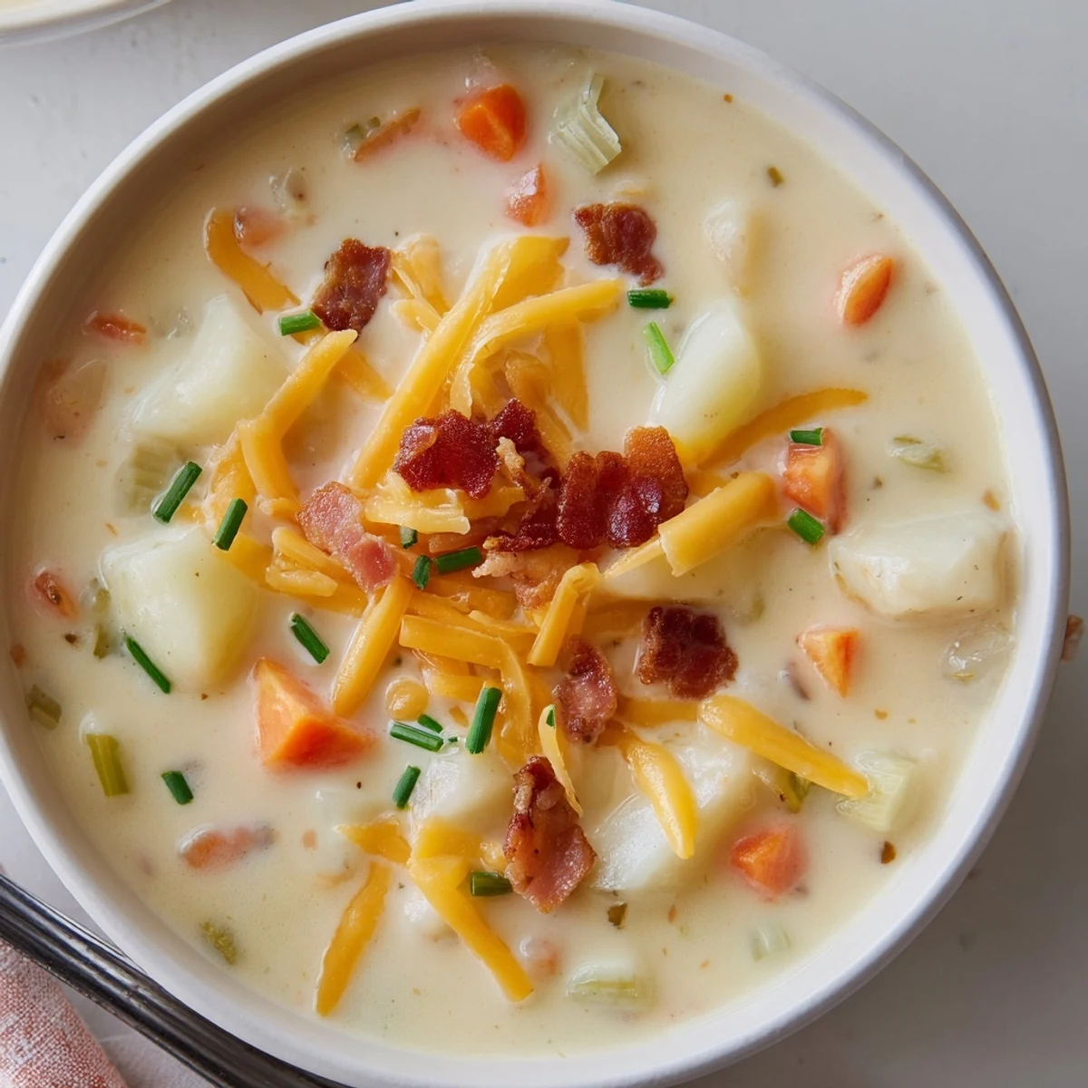 This comforting bowl of creamy potato soup with cheese and halal turkey bacon features tender potato chunks and melted cheddar.