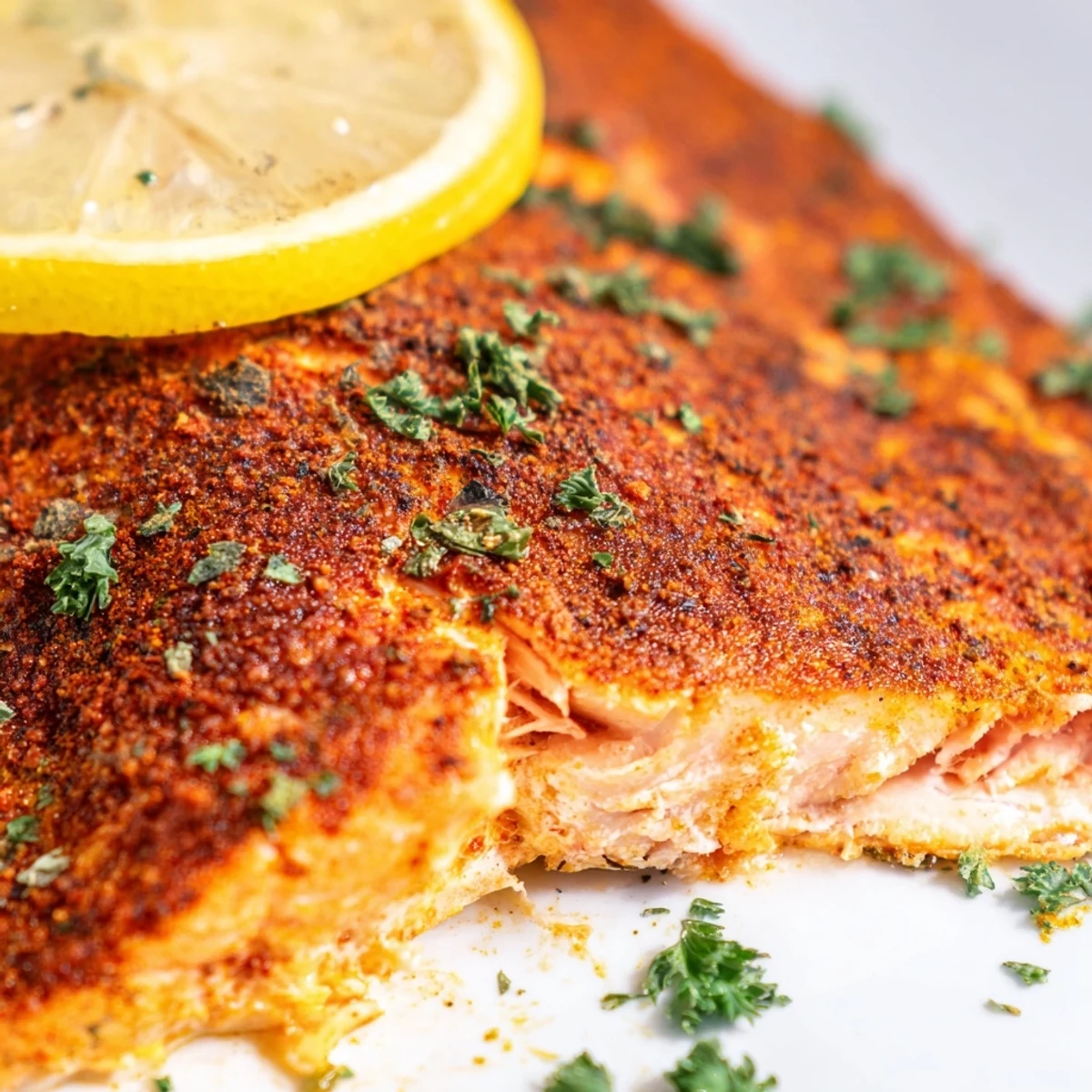 A vibrant, spicy Baked Salmon with Cajun Seasoning garnished with fresh parsley and lemon.