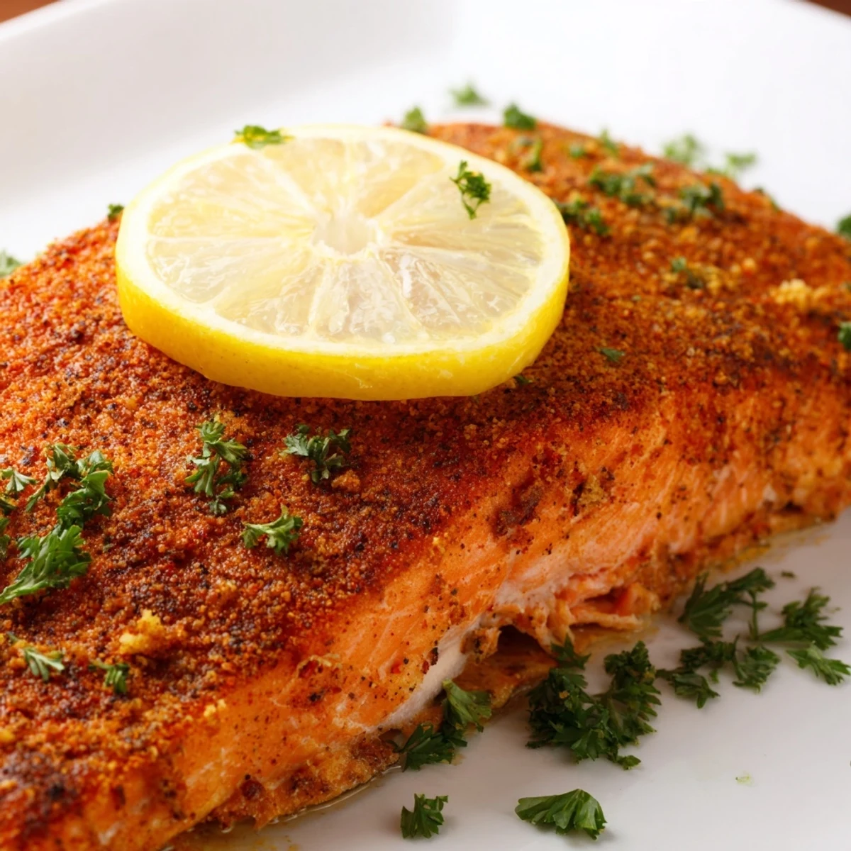 Golden-brown Baked Salmon with Cajun Seasoning flaking perfectly with a fork on a baking sheet.