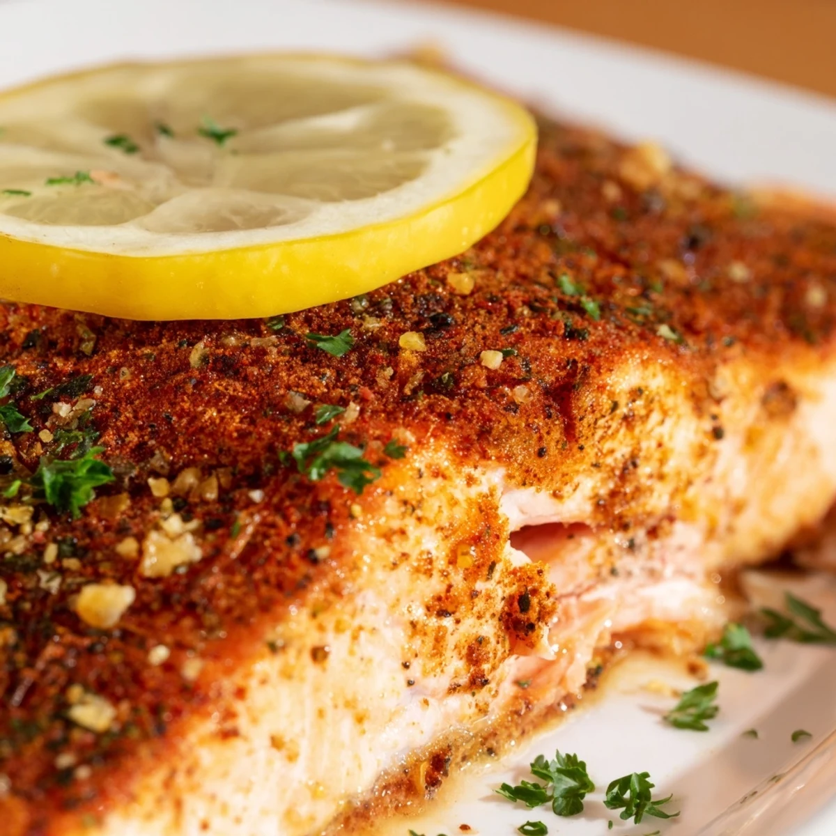 Close-up of a tender Baked Salmon with Cajun Seasoning revealing moist, succulent flakes.