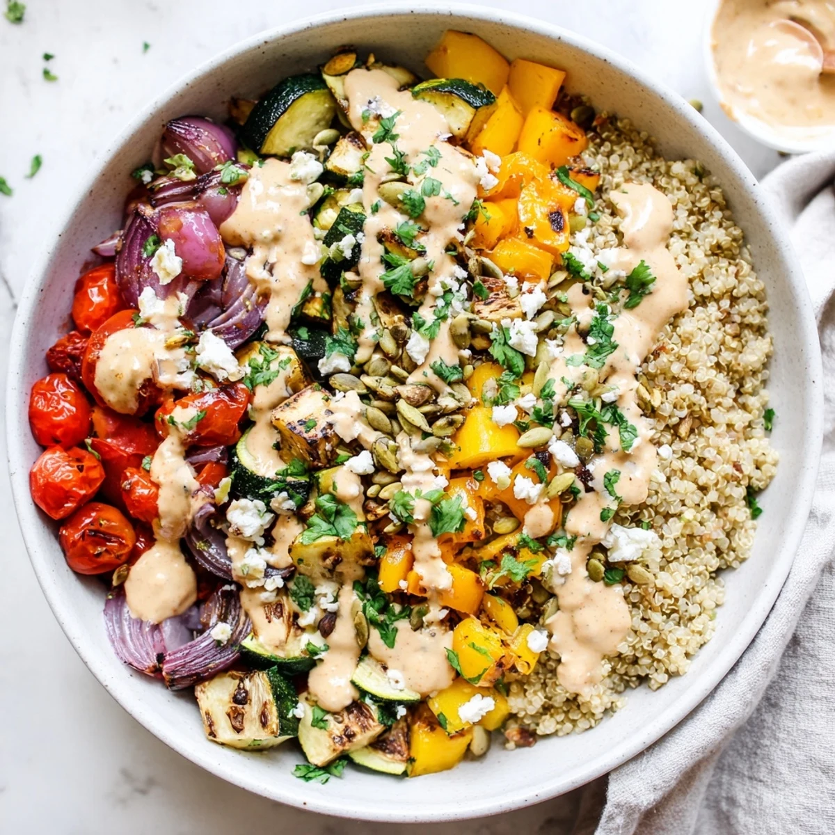 Freshly roasted zucchini and bell peppers over fluffy quinoa in a Roasted Vegetable Quinoa Bowl, drizzled with creamy lemon-tahini dressing.  