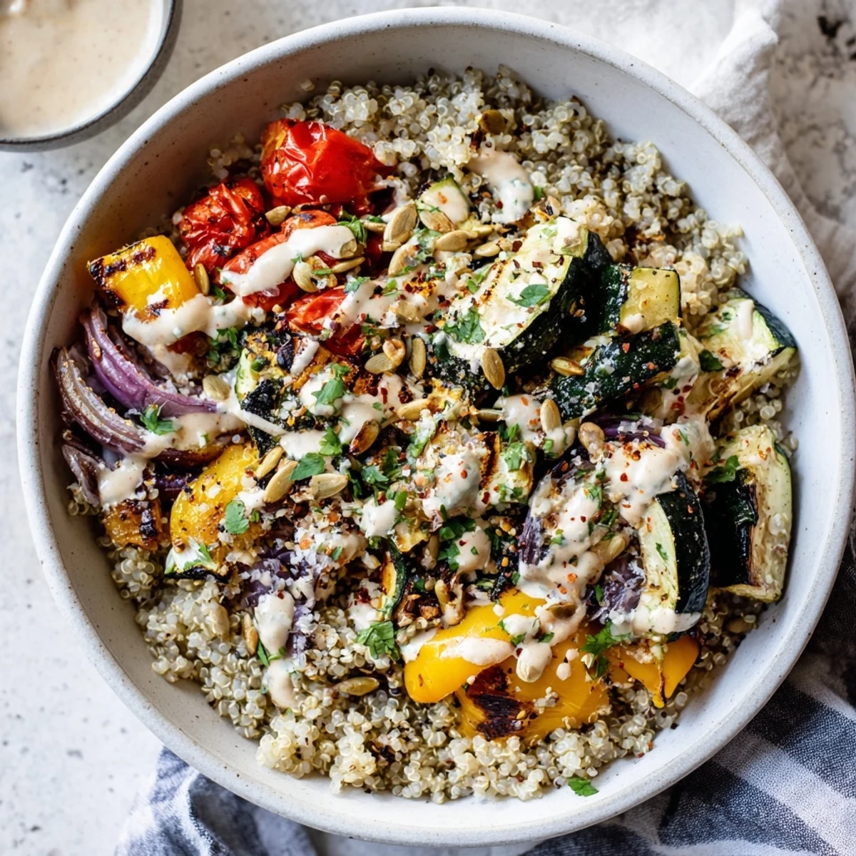 Hearty Roasted Vegetable Quinoa Bowl with colorful roasted veggies, a swirl of lemon-tahini dressing, and optional crumbled feta.
