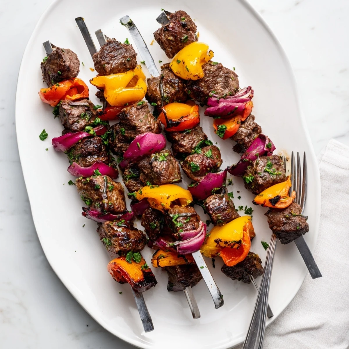 Sizzling Beef Kebabs with Peppers and Onions on a plate, perfect for a summer cookout.