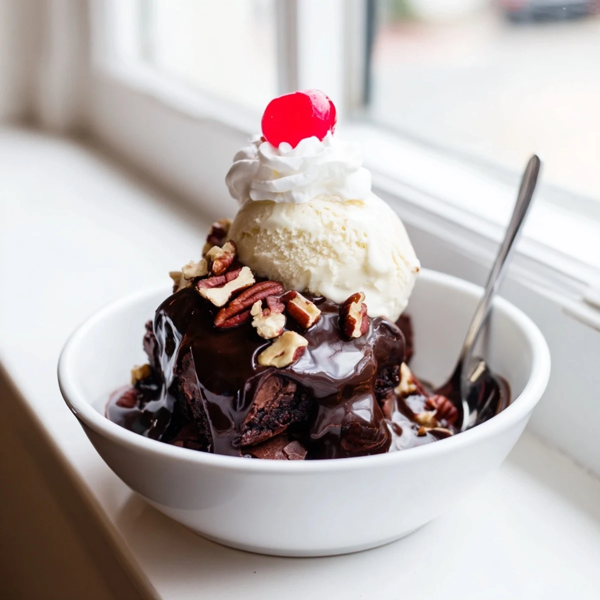 Warm, gooey hot fudge drizzles over a scoop of vanilla ice cream atop a fudgy brownie square, with a chopped nut garnish.