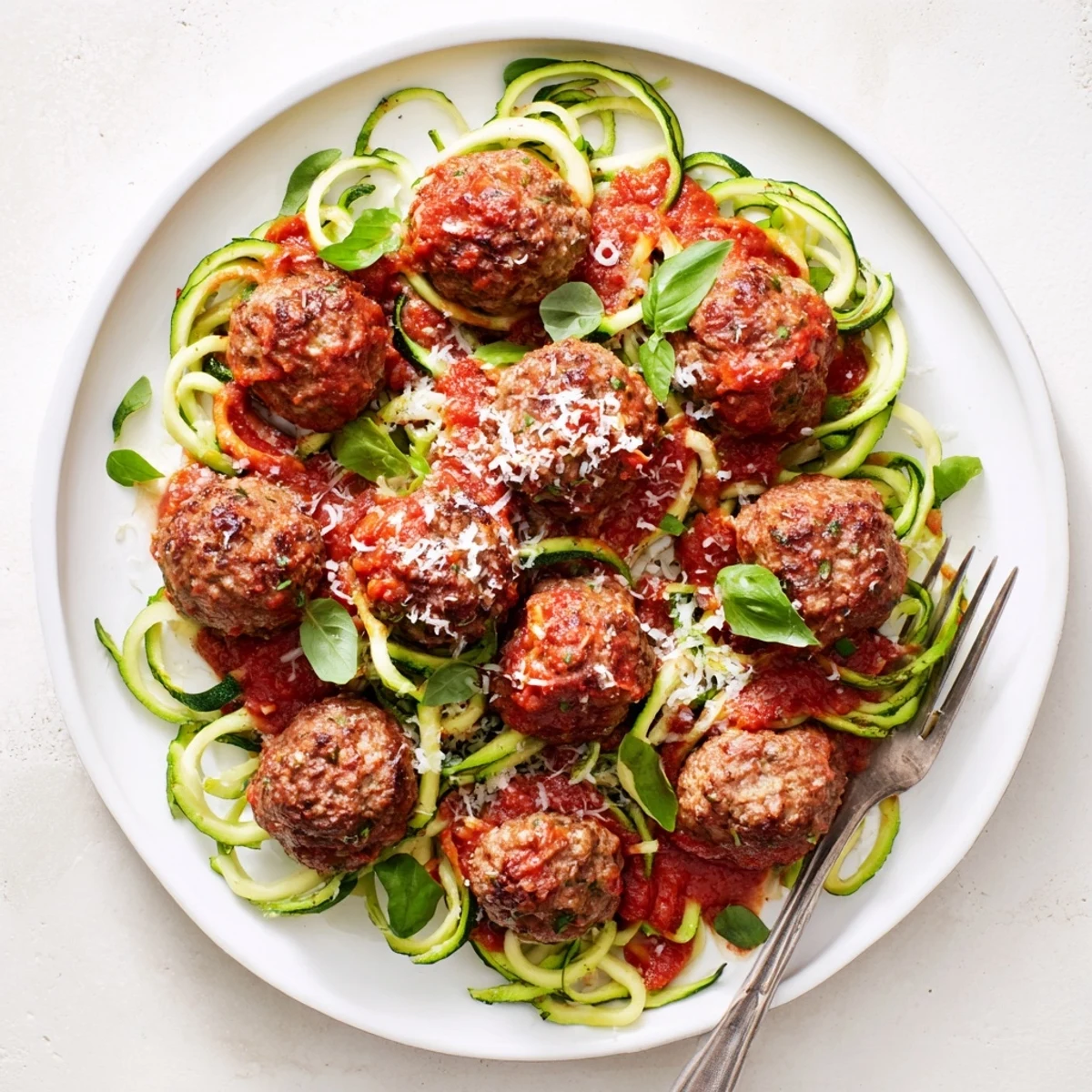 Tender turkey meatballs nestled on zucchini noodles, bathed in rich marinara and topped with fresh basil leaves.