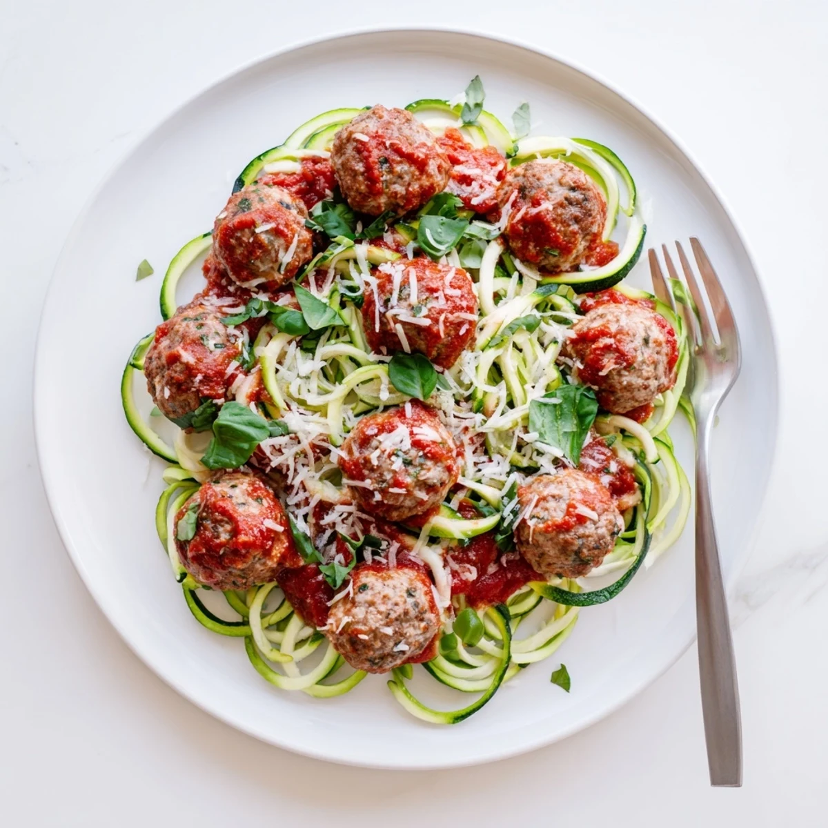 Freshly prepared turkey meatballs with zucchini noodles, garnished with Parmesan and a bright basil leaf on a rustic plate.