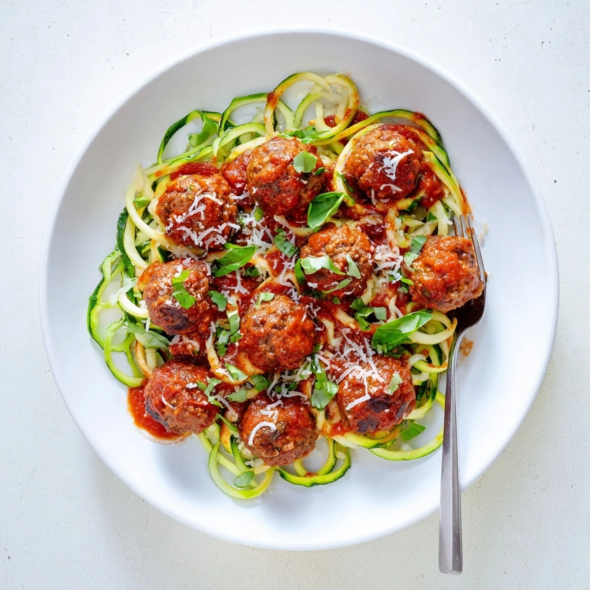 Spiralized zucchini noodles and golden turkey meatballs, served with a spoonful of warm marinara for a satisfying low carb meal.